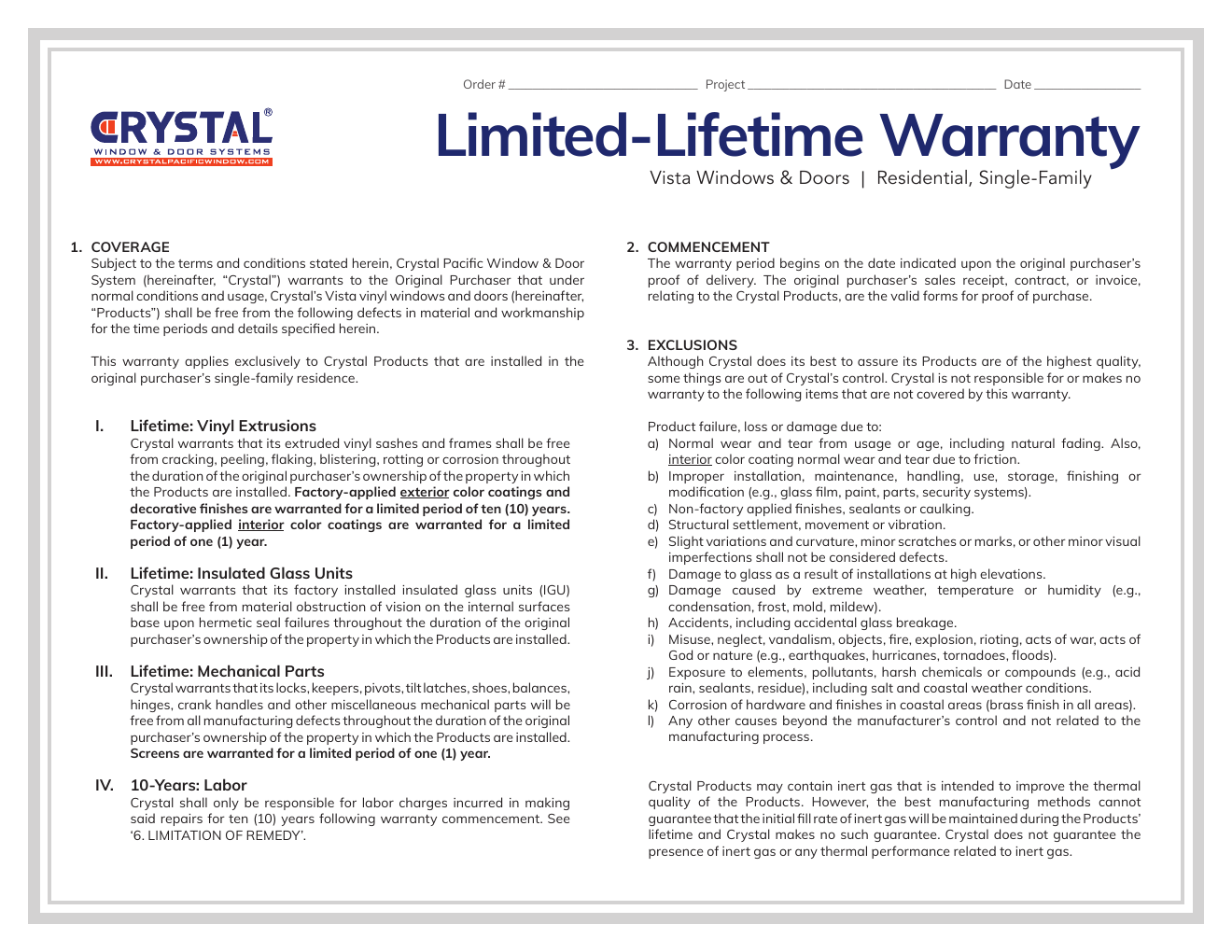 Crystal Vista Limited-Lifetime Warranty, page 1