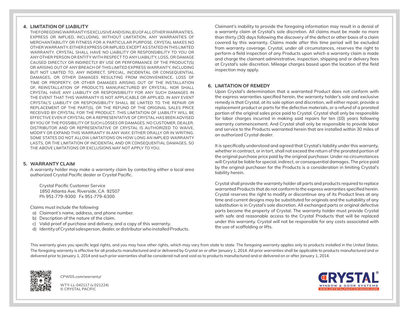 Crystal Vista Limited-Lifetime Warranty, page 2