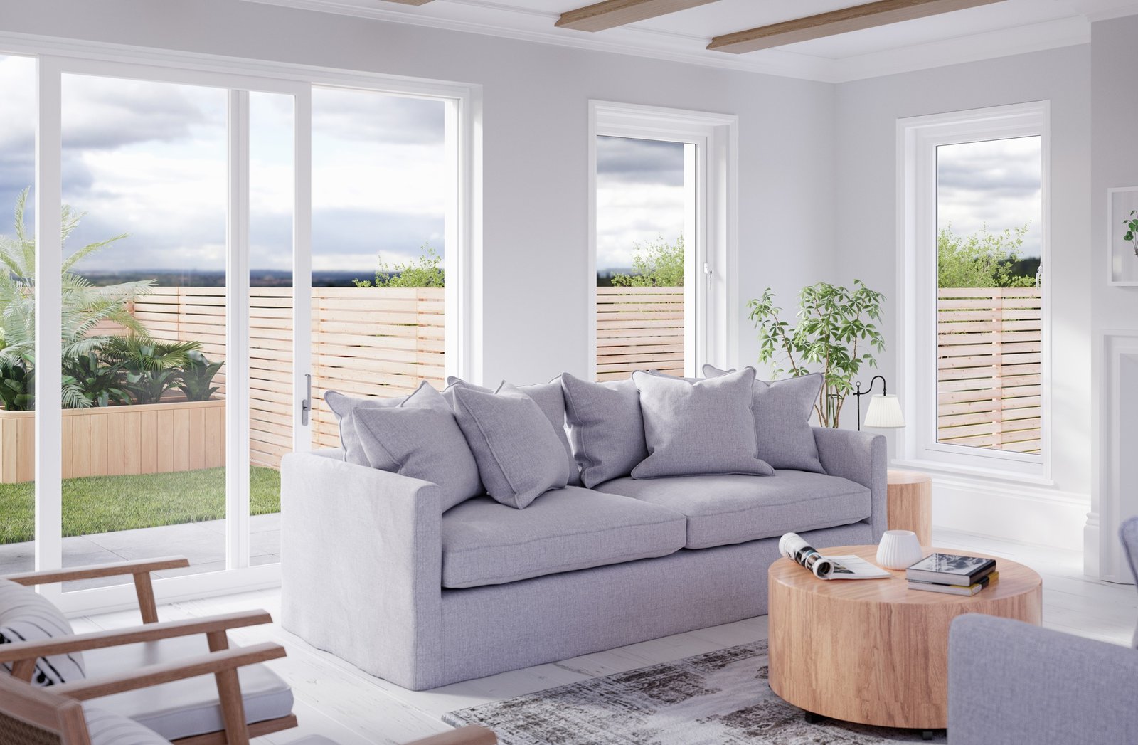 Modern living room with glass window wall